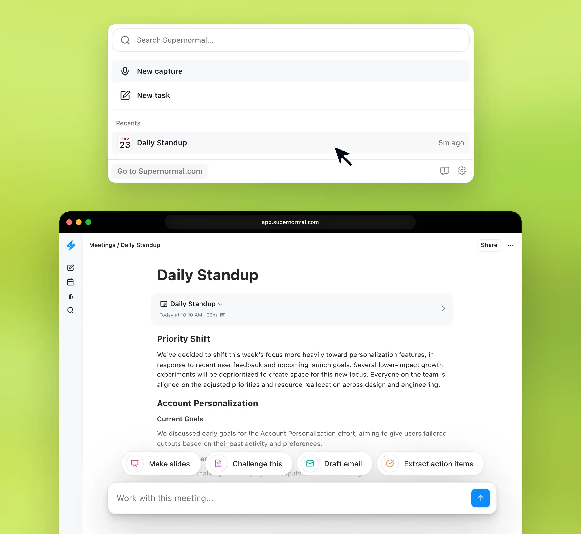 Supernormal meeting record with post-meeting actions for slides, email, and action items